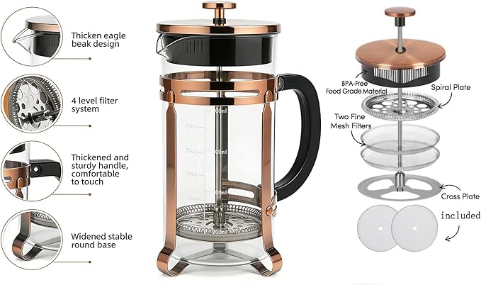French Press Coffee Maker 21oz, 304 Stainless Steel 4Mesh Filter, Borosilicate Glass, Heat-Resistant, BPA-Free,Glass Carafe with Measurement Markings, Easy to Clean, forHome, Office & Gift