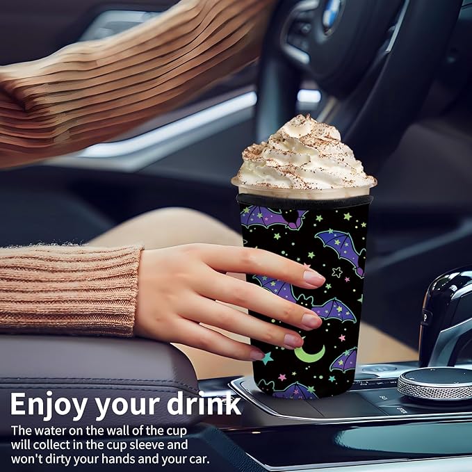 Reusable Neoprene Insulator Sleeve for Iced Coffee Cups, Medium 22-28oz Durable Drink Sleeve for Cold Beverages, Cute Beverage Holder Cup Sleeve for Women Men Cute Black Bats