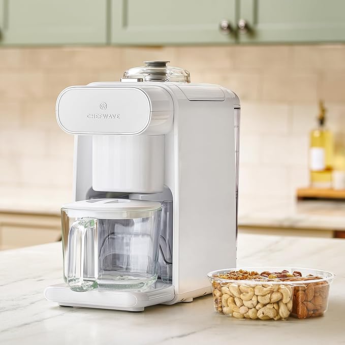 ChefWave Milkmade Soy Milk Maker (Silver/White) 6-in-1 Vegan Plant-Based Milk Machine with Auto Clean, and Delay Start, Almond, Oat, Soy, Cashew, Coconut, Macadamia Milk Maker with Nut Platter