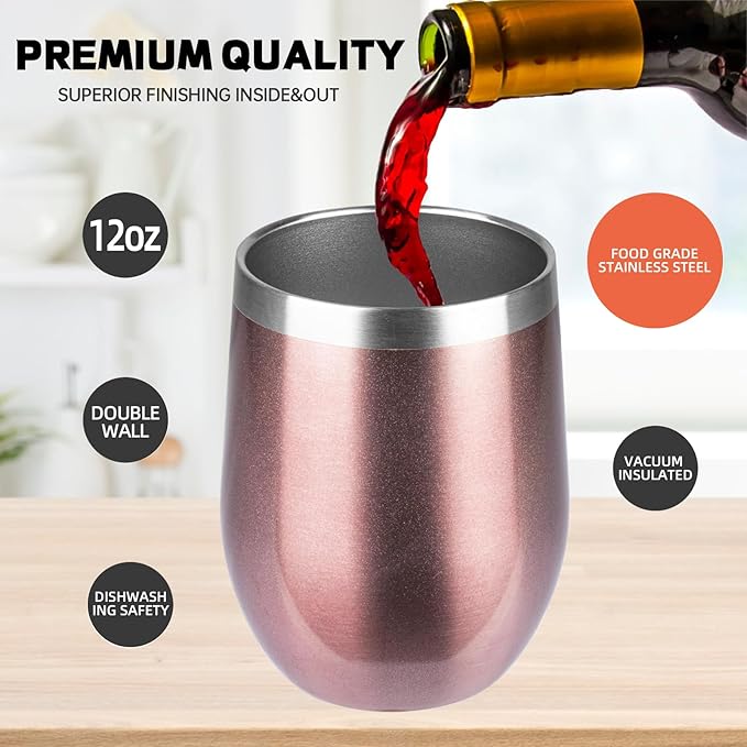 StarSpeed 12oz/12 Pack Wine Tumbler with lid, Stainless Steel Travel Mugs Stemless Double Wall Insulated Coffee Cup, Insulated Wine Glasses Travel Tumbler for Cold & Hot Drinks(Rose Gold, 12)