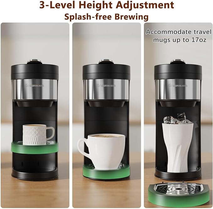 Brewmann Single Serve Hot & Iced Coffee Maker, for K Cup Pod and Grounds, 6 to 24oz Brew Size, Slim Compact for Small Spaces, Descaling Reminder, with Reusable Filters, Black