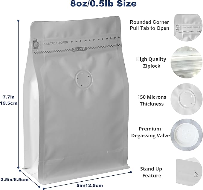 100 Count 8 Ounces White Kraft Paper Coffee Bags - High Barrier Aluminium Foil Liner - Flat Bottom Coffee Pouches with Degassing Valve, Resealable Zipper & Easy Open Tape