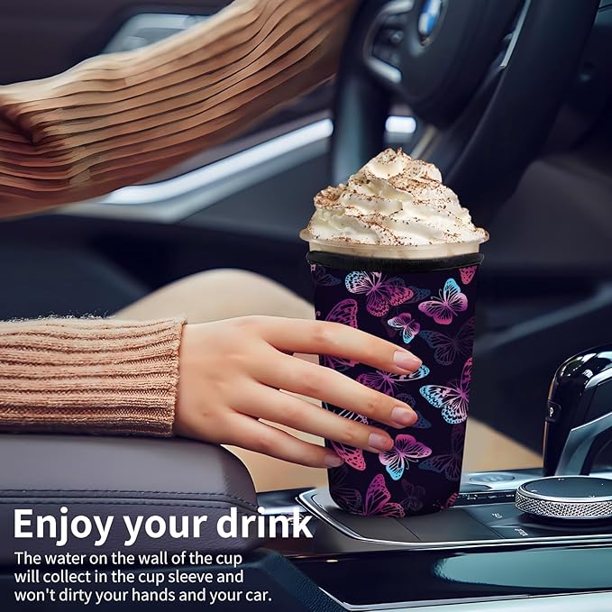 Reusable Neoprene Insulator Sleeve for Iced Coffee Cups, Medium 22-28oz Durable Drink Sleeve for Cold Beverages, Cute Beverage Holder Cup Sleeve for Women Men Cute Purple Butterfly