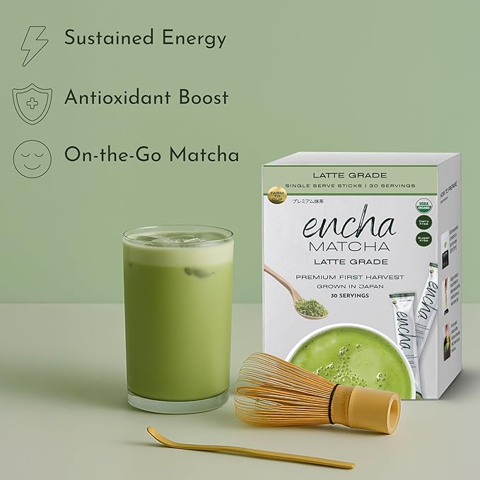 Encha Latte Grade Matcha Powder - First Harvest Organic Japanese Green Tea Powder From Uji Japan - Individual Single Serve Sticks - Travel Matcha Tea Packets To Go (30 Count)
