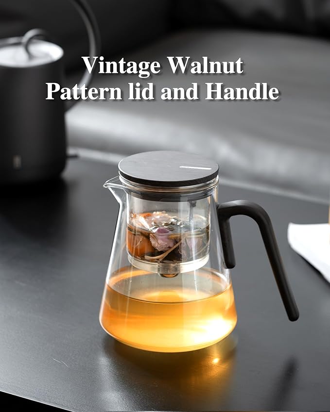 ZENS Magnetic Tea Pot, Enchanted Glass Teapot with Infuser and Magnetic Suction Lid for Mess-Free Loose Tea Diffusers, Black Walnut Pattern Handle, Tea Lovers Gifts