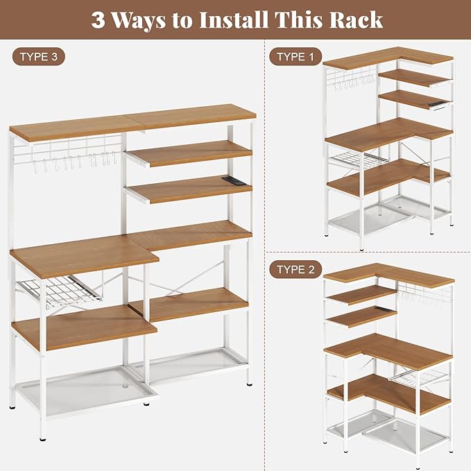 iabifo L-Shaped White Bakers Rack with Power Outlet, Kitchen Storage Rack with Hooks, Wire Shelf with Open Storage, Mesh Grid, Wire Basket