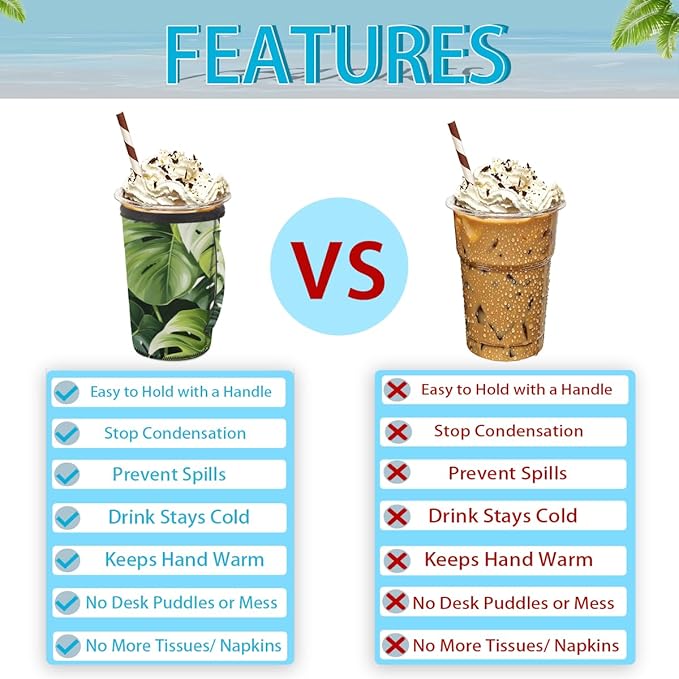 Tropic Palm Leaves Reusable Insulator Coffee Sleeves for Drinks Beverages,Tropical Plants Neoprene Holder with Handle for Most Coffee or Ice Drink, 30-32oz