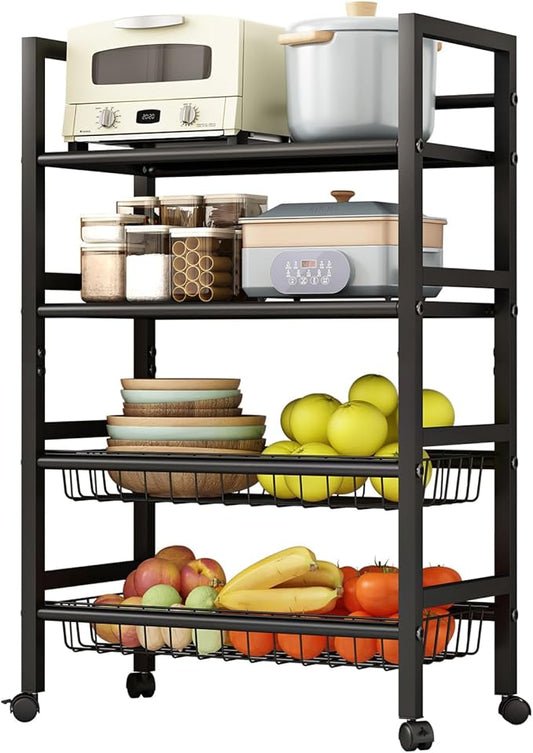 4-Tier Rolling Metal Storage Cart Mobile Organizer with Removable Grid Basket and Locking Wheels, Suitable for Multiple Uses, Black (Large)