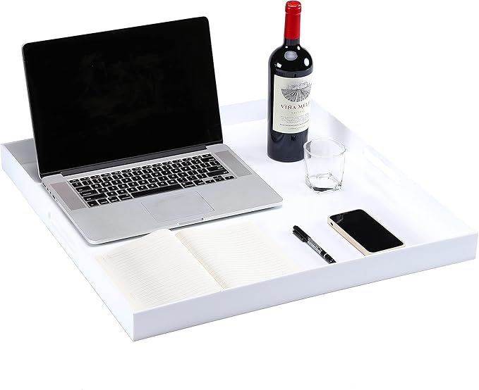 Large White Acrylic Serving Tray with Handles-19x19x2H Inch Big Size Spill Proof Tray for Ottoman,Coffee Table, Breakfast, Tea, Food, Butler -Safe Edge Organizer-Decorative