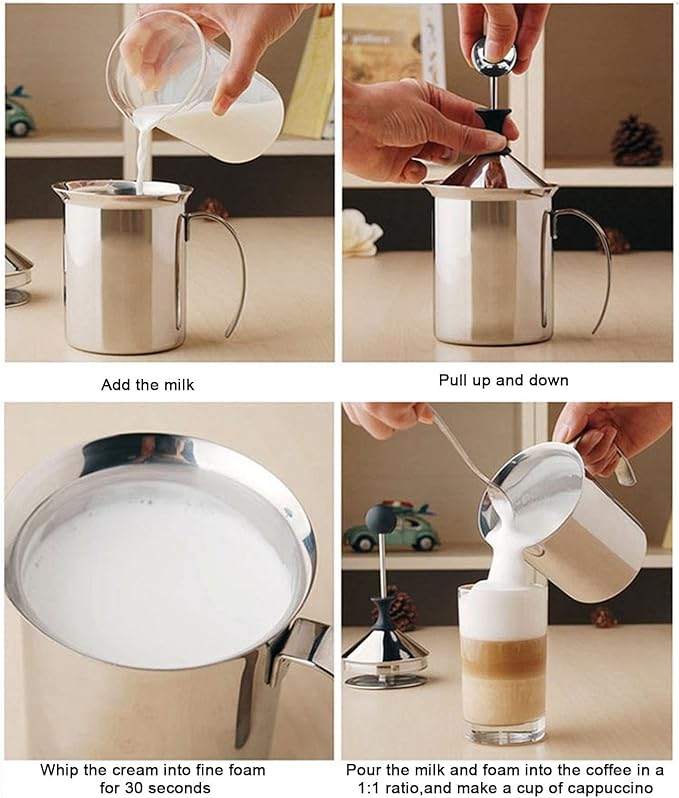 Manual Milk Frother, 27oz Stainless Steel Hand Pump Milk Frother with Double Layer Filter and Lid, Handheld Milk Foam Maker for Coffee, Latte, Cappuccino, Frappe, Matcha, Hot Chocolate