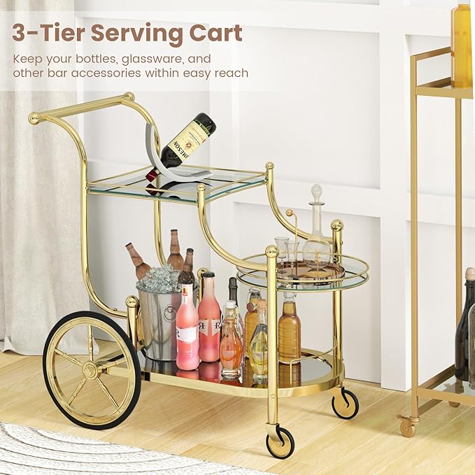COSTWAY Glass Rolling Bar Cart, Rolling Serving Cart with 3-Tier Shelf, Directional Wheels & Universal Wheels, Mobile Wine Tea Serving Cart for Hotel, Club & Home (Gold)
