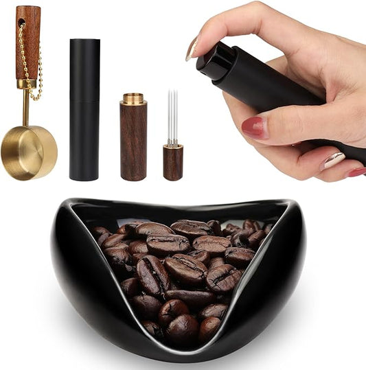 4Pcs Coffee Bean Dosing Cup, Spray Bottle, Spoon and Stirrer Tool Set, Coffee Bar Accessories Ceramic Espresso Dosing Funnel Spray Bottle for Reducing Coffee Static, Coffee Lover Gift (Black)