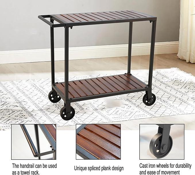 Vintage Mobile Serving Cart on Wheels Industrial 2-Tier Rolling Bar Cart for Home Kitchen Farmhouse Utility Cart for Office Wood and Metal Design with Side Handle 31.7inch Height