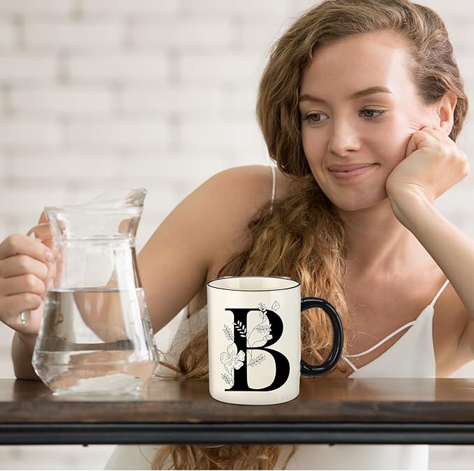 Monogram Ceramic Coffee Mugs, 11 oz Initial Drinking Cup with Gift Box, Unique Birthday Valentines Day Gifts for Women Wife Mothers Day Grandma Mom Aunt, B