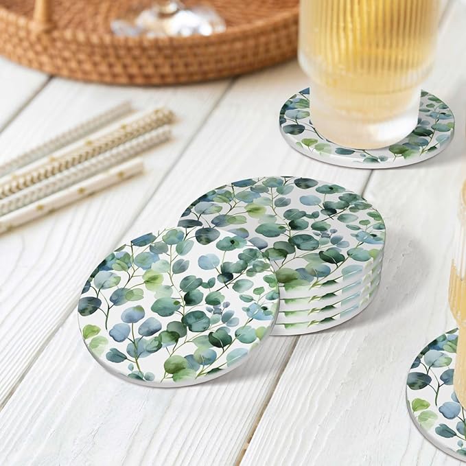 Green Eucalyptus Leaves Coasters for Drinks Absorbent Round Ceramic Coasters Set of 4 Non-Slip Cup Coaster with Cork Base for Coffee Table Drink Home Decor Tabletop Protection