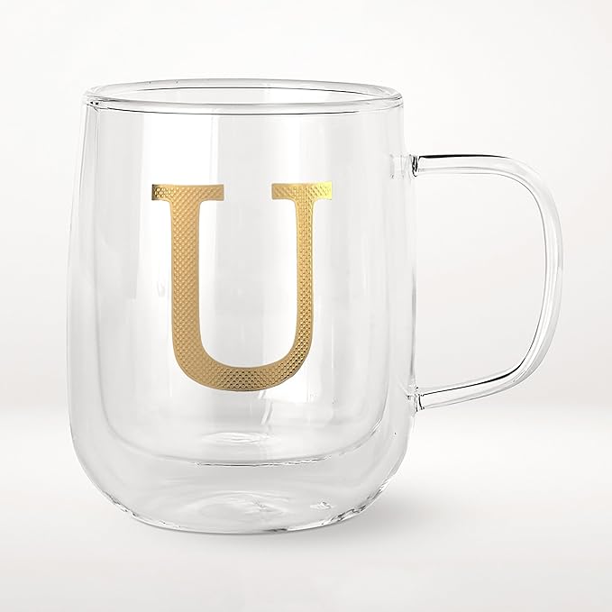 COLLECTIVE HOME - Double Walled Glass Coffee Mugs, Insulated Coffee Mug with Handle, Personalized Gifts for Women, Men, Christmas, 14 oz Monogram Cups (U)