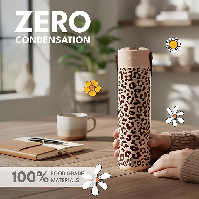 Elemental 24oz Insulated Water Bottle with Straw - 100% Leak-Proof Stainless Steel Core Water Bottles for Travel, Sports and Gym - Double Wall Insulation & BPA Free - Beige Leopard