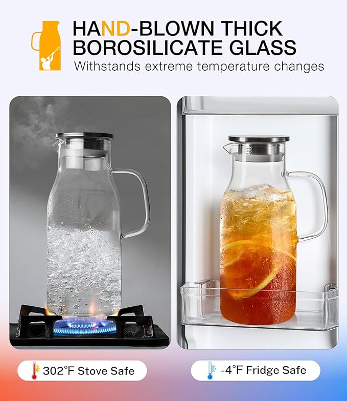 LUNA&MANTHA 2 Pack 2 Liter 68 oz Glass Pitcher with Lid and Handle, Water Pitcher for Fridge, Large Ice Tea Jug for Hot/Cold Drinks, Thick Borosilicate Glass Carafe for Coffee, Juice, Sangria