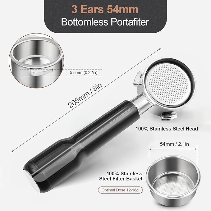 54mm Bottomless Portafilter Compatible with Breville BES870/880 & Solis etc., 3-Ear Stainless Head