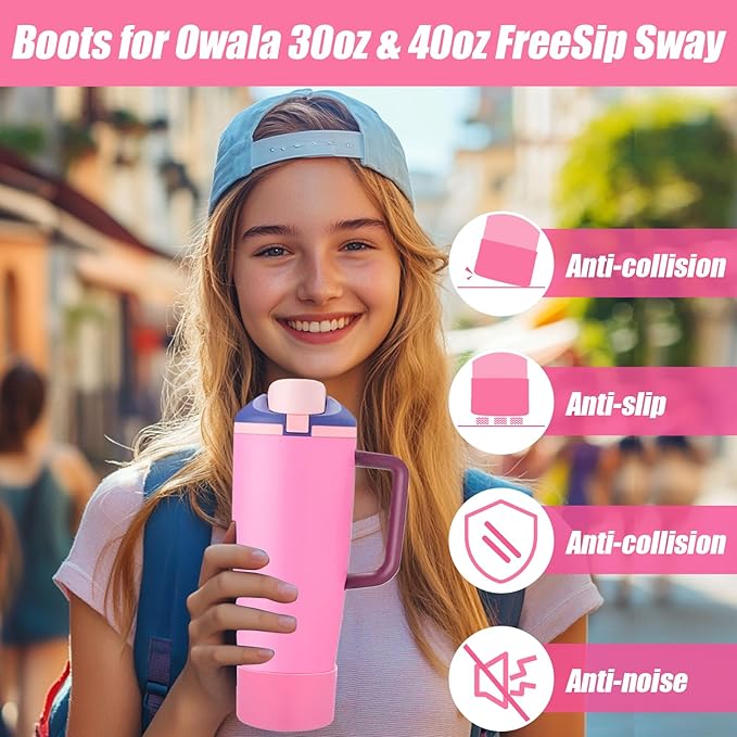 Mity rain 2PCS Protective Silicone Boots for Owala 30oz & 40oz FreeSip Sway Bottles & Tumblers - Accessories for owala, Enhances Stability & Prevents Scratches (Pink)