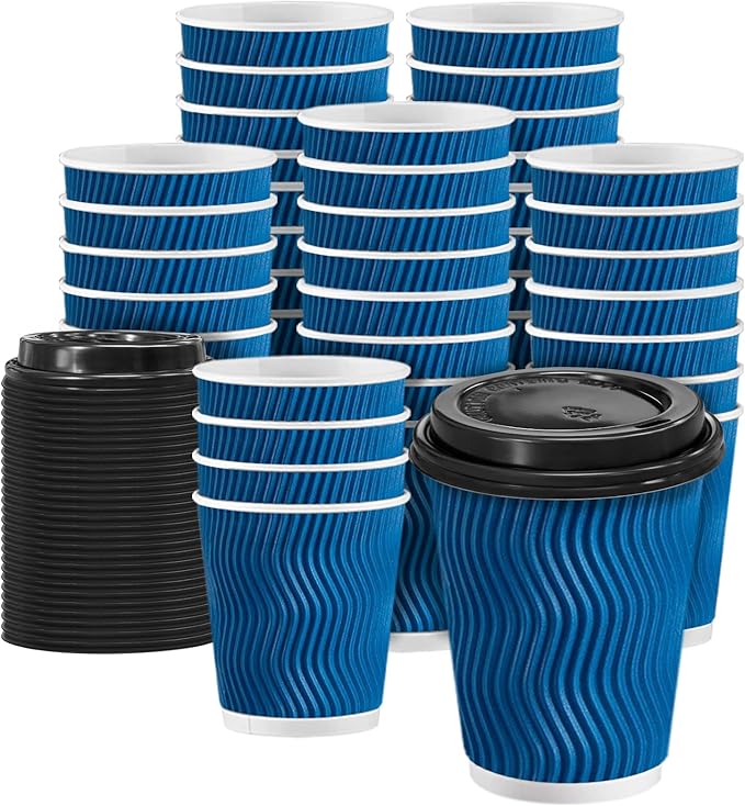 Clawsoff 100 Pack Coffee Cups with Lids 10 oz, Disposable Insulated Ripple Wall To Go Paper Coffee Cups for Hot/Cold Drinks Office Home Shop Event (Navy)