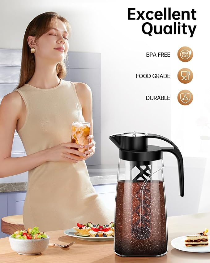 YURICK Cold Brew Coffee Maker, 70 oz (2100 ml) BPA Free Tritan Pitcher, Iced Coffee Maker and Tea Brewer, 100% Leak-Proof, Easy to Clean Reusable Mesh Filter, Black (2 Pack)