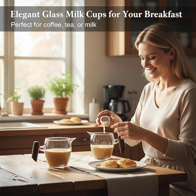 Small Glass Creamer Pitcher Set of 2, Elegant Spherical Transparent Creamer Pitcher for Coffee, Milk, Tea, 12 oz Milk Frothing Cup Creamer Jug for Coffee shop, Home and Kitchen, Wooden handle
