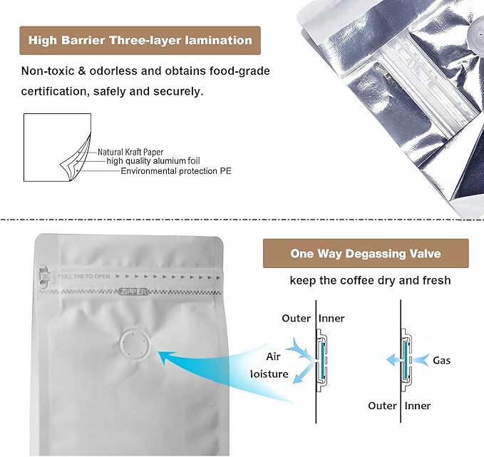 High Barrier Aluminium Foil Liner White Kraft Paper Coffee Bags, Flat Bottom Coffee Pouches with Degassing Valve, Food Storage Bags with Rsealable Zipper & Easy Open Tape (50pcs, 16oz/1lb)