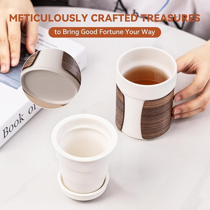 Tea Cup with Infuser and Lid 12.7oz - Artisan Ceramic Mug with Wooden Sleeve, Loose Leaf Tea Infuser Cup for Home/Office Use (Ideal for Birthday & Anniversary Gifting)