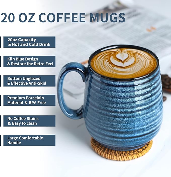 HASENSE Large Coffee Mugs Set of 2, Porcelain 20 oz Coffee Cups for Office and Home, Modern Coffee Mug with Big Handle for Latte Coffee Tea Soup as Friend Gifts, Dishwasher and Microwave Safe, (Blue)