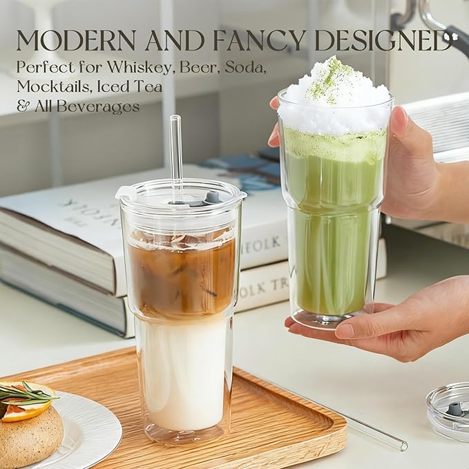 KEMORELA 2PCS 20oz Clear Double Wall Glass Cups with Lids and Straws, Insulated Borosilicate Glass Tumblers, Heat-Resistant, leak-proof Design for Iced Coffee, Bubble Tea, Juice