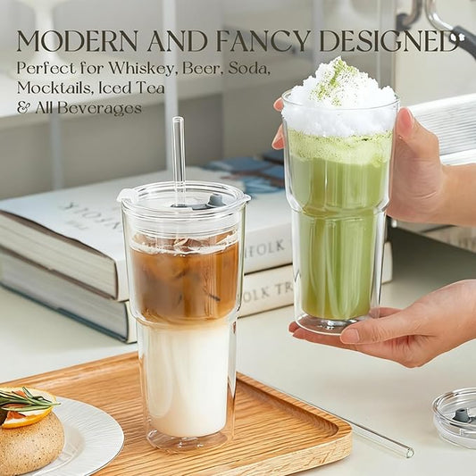 KEMORELA 2PCS 20oz Clear Double Wall Glass Cups with Lids and Straws, Insulated Borosilicate Glass Tumblers, Heat-Resistant, leak-proof Design for Iced Coffee, Bubble Tea, Juice