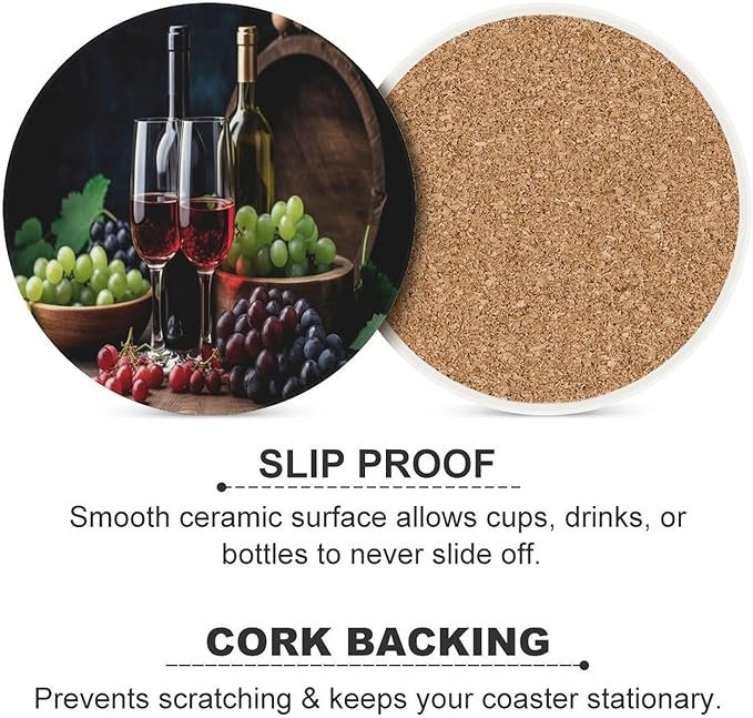 Round-6PCS Red Wine Ceramic Coasters, Round Absorbent Drink Coasters, Retro Wood Style Red Wine Bottle and Grapes Plant Pattern Ceramic Table Coasters for Coffee, Beverage, Wine, Beer Coasters
