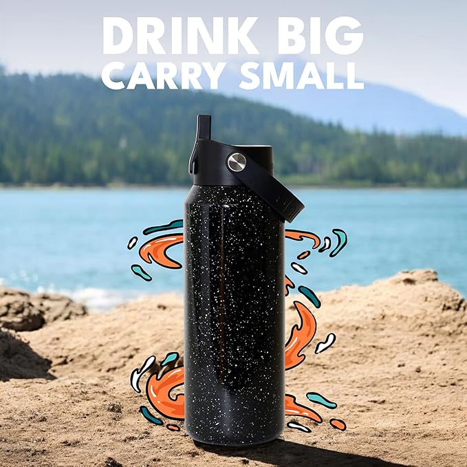 Elemental 40oz Insulated Water Bottle with Straw - 100% Leak-Proof Stainless Steel Core Water Bottles for Travel, Sports and Gym - Double Wall Insulation & BPA Free - Black Speckle