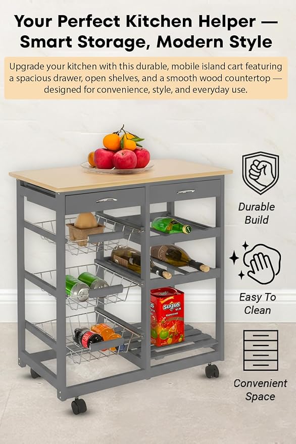 Kitchen Island Cart with Drawers, Lockable Wheels - Rolling Serving Utility Trolley - Mobile Countertop Open Shelf Storage Cabinet Basket for Dining Room, Coffee Bar (Grey)