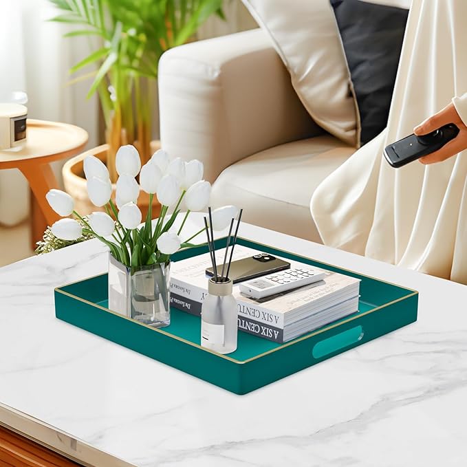MAONAME Decorative Tray, Green Serving Tray with Handles, Coffee Table Trays, Square Plastic Trays for Ottoman, Bathroom, Kitchen, 13" x 13" x 1.57"