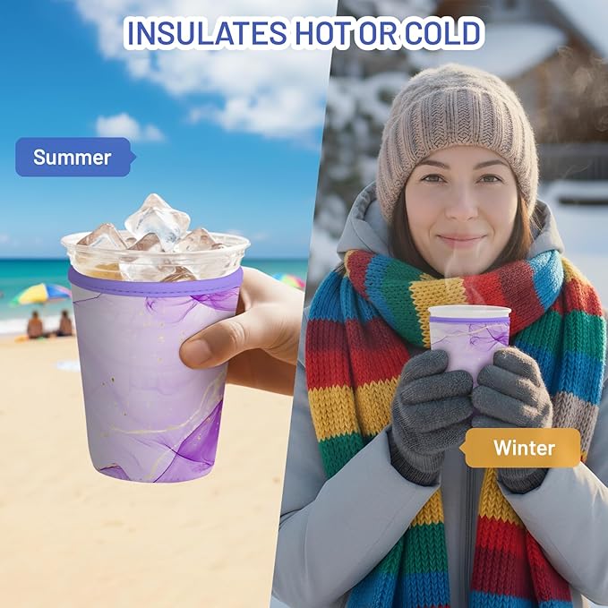 Iced Coffee Sleeve Reusable Cup Sleeves for Cold Drinks Neoprene Koozie Cozy Plastic Cup Covers for Drinks, Purple Marble