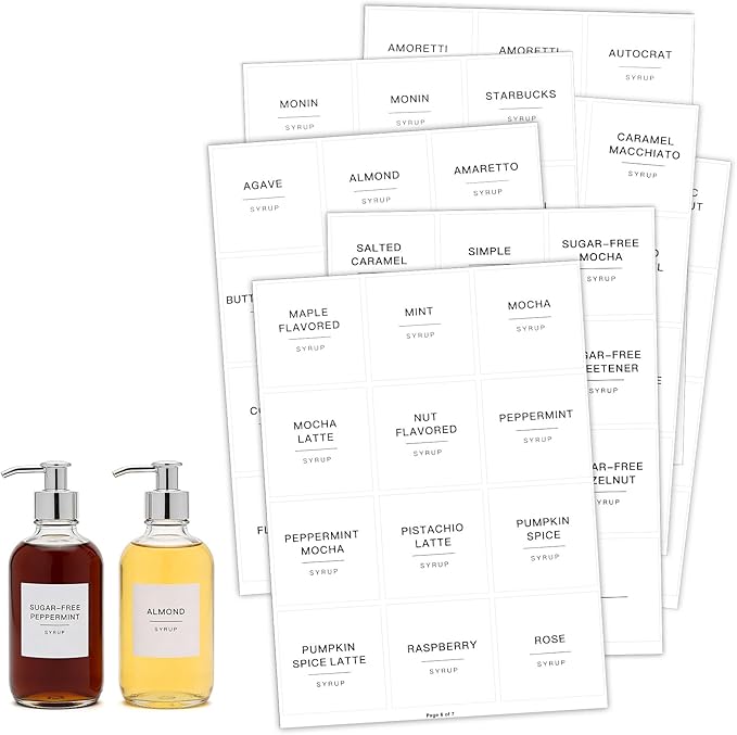 84PCS Coffee Syrup Labels, White Minimalist Preprinted Coffee Syrup Stickers Waterproof Coffees Syrups Pump Stickers Coffees Syrups Labels Set for Bottles Bar Containers Dispenser Organization