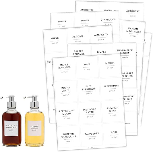 84PCS Coffee Syrup Labels, White Minimalist Preprinted Coffee Syrup Stickers Waterproof Coffees Syrups Pump Stickers Coffees Syrups Labels Set for Bottles Bar Containers Dispenser Organization