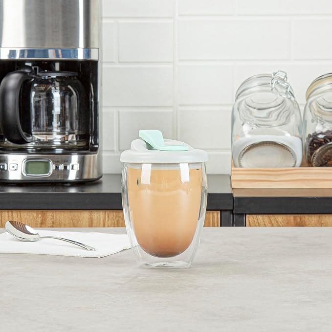 Restaurantware - Forma Professional 11.8 Ounce Insulated Travel Mug With Lid, 1 Double Wall Coffee Mug - Includes Lid, Reusable, Clear Borosilicate Glass Tumbler, Dishwashable, Microwavable