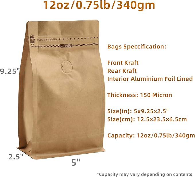 Resealable Kraft Paper Coffee Bags with Degassing Valve, Flat Bottom Side Gusset Stand Up Pouches with Zipper Lock (Pack of 50, Size for 12 oz/340 grams Beans or Ground)