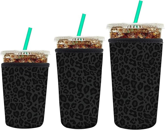 3 Pack Reusable Neoprene Insulator Sleeve for Iced Coffee Cups, Funny Coffee Cup Sleeves for 16-32oz Coffee cups, Cute Drink Sleeve for Cold Hot Beverages Cute Black Leopard