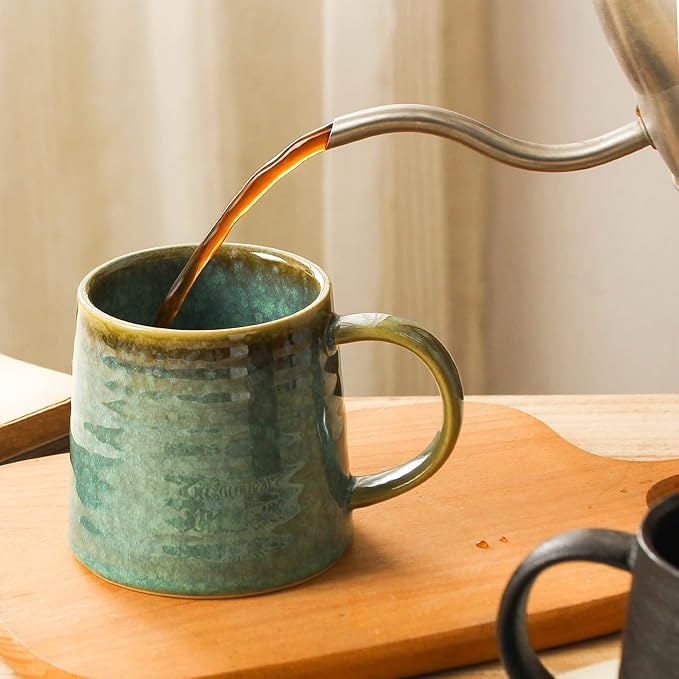 Large Ceramic Coffee Mug, Handmade Pottery Mugs, Tea Cups with Big Handle for Office and Home, 15.5 oz, Dishwasher and Microwave Safe (Crystal Green)