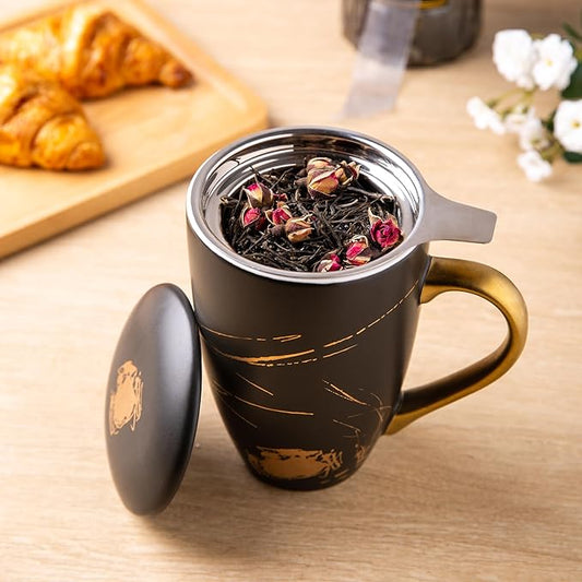 AmorArc Ceramic Tea Cup with Infuser and Lid, 17 Oz, Ceramic Cup with Handle for Steeping Loose Leaf Teas, Steeping Tea Mug with Strainer, Black
