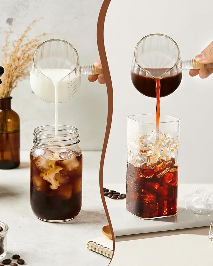 6OZ Glass Measuring Cup - 180ml Borosilicate Glass Espresso Shot Glass with Glass Handle, V-Shaped Spout for Milk Frothing, Espresso Accessories for Machine, Dishwasher Safe