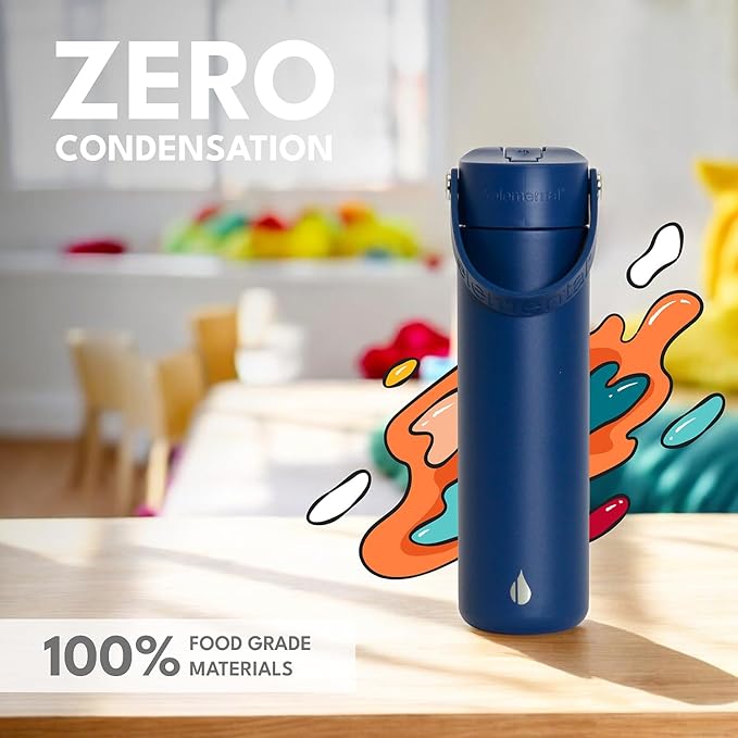 Elemental 24oz Insulated Water Bottle with Straw - 100% Leak-Proof Stainless Steel Core Water Bottles for Travel, Sports and Gym - Double Wall Insulation & BPA Free - Navy