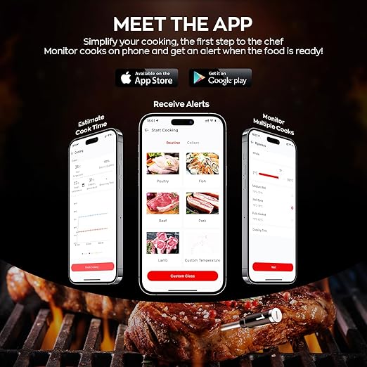Smart Wireless Meat Thermometer with Dual Probes, Bluetooth & WiFi Combo, Remote Monitoring & Smart Alerts for BBQ, Grill, Smoker, Oven, Air Fryer