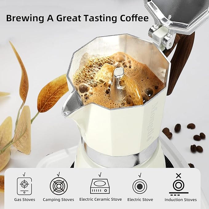 Mongdio Stovetop Espresso Maker Moka Pot, Cuban Coffee Maker Stove top coffee maker Moka Italian Espresso Greca Coffee Maker Brewer Percolator, 9 Espresso Cups, 15 oz - White