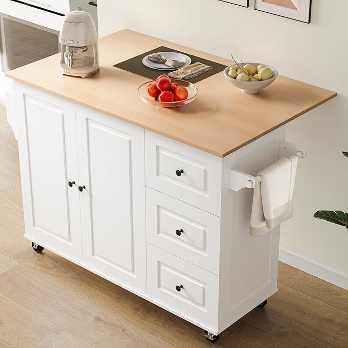 Mobile Kitchen Island with Drop Leaf, Rolling Kitchen Cart with 3 Drawers, Kitchen Storage Cabinet on Wheels, Island Table with Towel and Spice Rack for Dining Room, Living Room, White