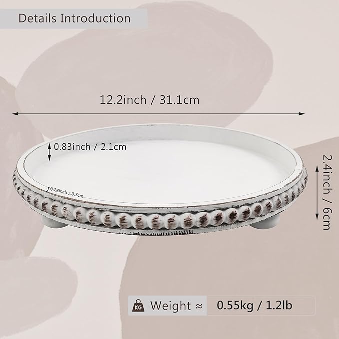 Decorative Tray: 12in White Round Wood Butler ServingTray Candle Holder Trays Vintage Centerpiece Farmhouse Ottoman Tray for Decor Countertop Home Decor Accessories